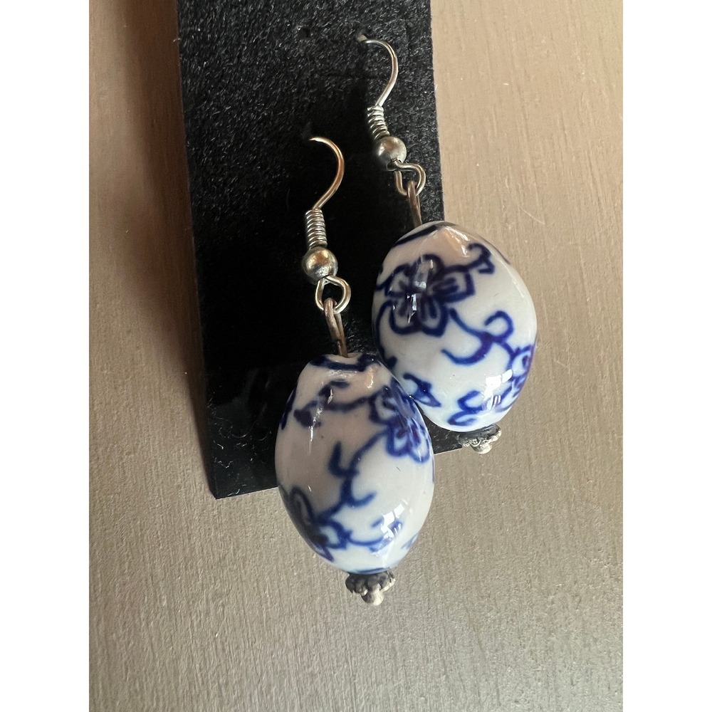 Porcelain Drop Earrings Blue White Floral Chinoiserie Coastal Vintage Tea Party